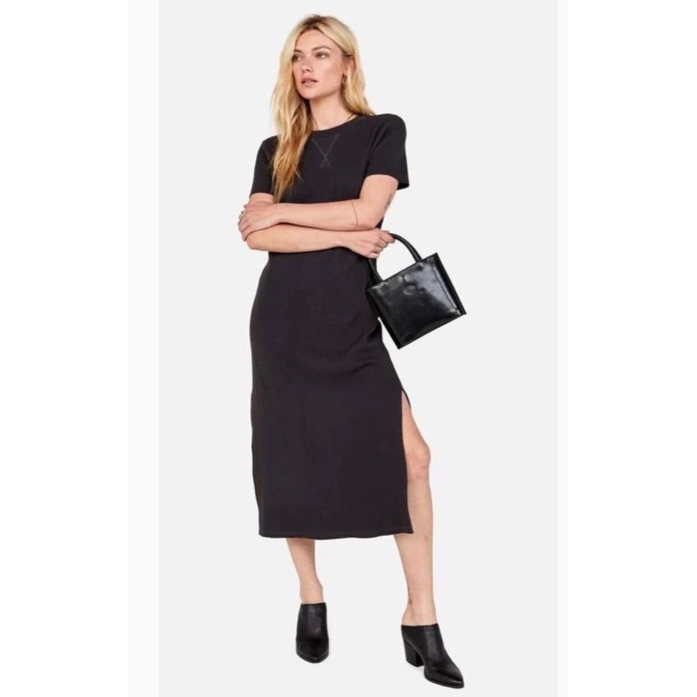 MATE the Label Layla Black Organic Thermal Waffle Knit Midi Dress Short Sleeve S